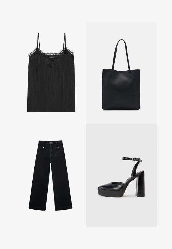 Czarna koszulka na ramiączkach z regulowanymi spaghetti, zdobiona falbaniastym koronkowym wykończeniem przy dekolcie oraz luźnym, miękkim materiałem.; Czarne, szerokie dżinsy z wysokim stanem, z dwoma przednimi kieszeniami i metalowymi guzikami. Tkanina ma gładką fakturę.; Czarne platformy na wysokim obcasie z szpiczastym noskiem i regulowanym paskiem na kostkę. Wykonane z gładkiej skóry, z grubym słupkowym obcasem.; Czarna skórzana torba tote o gładkiej fakturze, prostokątnym kształcie i dwóch długich uchwytach. Brak widocznych elementów metalowych i ozdób.
