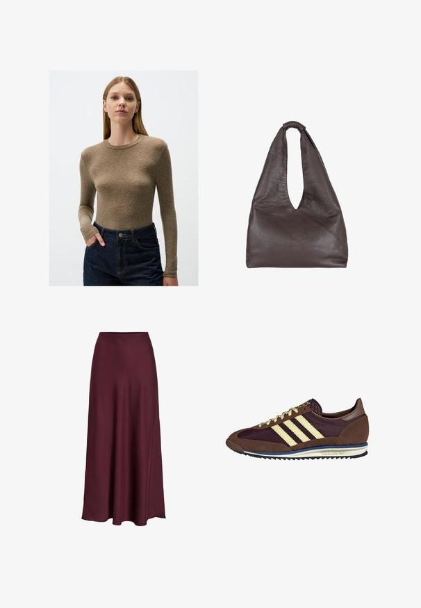 Długi rękaw, dopasowany top w jasnobrązowym materiale, z okrągłym dekoltem. W komplecie z ciemnoniebieskimi spodniami z wysokim stanem i kieszeniami.; Burgundowa satynowa spódnica maxi o gładkiej teksturze, wysoka talia i zwiewny krój, który delikatnie rozszerza się ku dołowi.; Brązowe i burgundowe sneakersy wykonane z zamszu i siateczkowych materiałów, z trzema kremowymi paskami, teksturowanym materiałem na języku i gumową podeszwą.; Brązowa skórzana torba o luźnym, oversize'owym kroju. Posiada pętle do noszenia oraz głębokie V-kształtne otwarcie dla łatwego dostępu. Miękka tekstura, minimalistyczny styl.