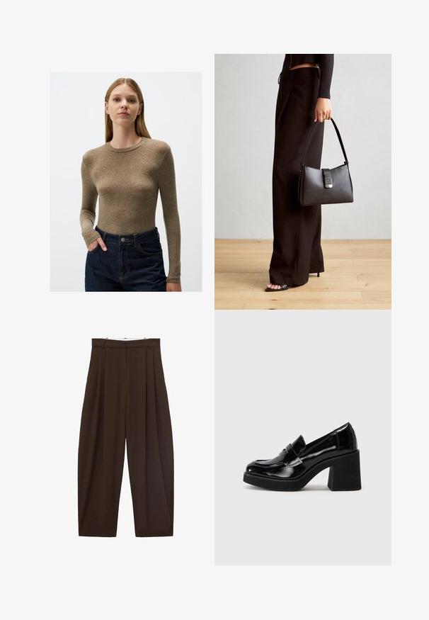 Haut ajusté à manches longues en tissu marron clair, avec un col rond. Associé à un jean taille haute bleu foncé avec poches.; Pantalons taille haute marron avec des plis, fabriqués en tissu lisse. Coupe ample, design droit, avec passants de ceinture et fermeture éclair.; Mocassin en cuir verni noir avec un talon bloc épais, présentant une couture surélevée et un accent en nœud à l'avant pour plus de détail.; Sac à main noir à la forme structurée, texture lisse et fermoir métallique. Associé à un pantalon noir ample et des sandales ouvertes sur un sol en bois.
