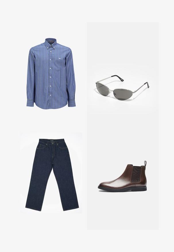 Chemise à rayures bleues et blanches à boutons, avec un col, des manches longues et un petit logo sur la poitrine. Tissu lisse, coupe classique.; Jeans en denim bleu foncé avec une coupe droite, dotés de surpiqûres jaunes, de cinq poches et d'une fermeture à bouton à la taille.; Zign LEATHER - Bottines - brown; Lunettes de soleil avec une monture en métal argenté élégant, des verres teintés gris et un design aérodynamique avec des bords pointus et des branches fines.; Collier argenté à plusieurs couches, featuring des chaînes plates et liées ainsi qu'un pendentif rond avec un design détaillé.