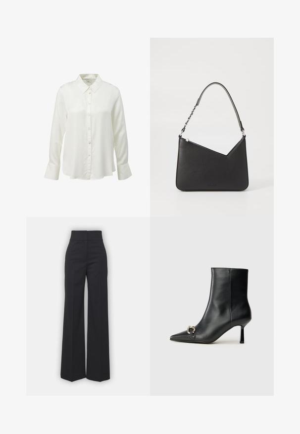 s.Oliver BLACK LABEL Overhemdblouse - creme; Wijdvallende broek in zwarte stof met een hoge tailleband, met een schone afwerking en een gladde textuur. Geen zichtbare hardware of patronen.; Zwarte leren enkelboot met spitse neus, slanke middenhoge hak en zilveren gespdetail aan de zijkant op een effen achtergrond.; Zwart leren handtas met een driehoekige vorm, een slanke strap en zilveren hardware. Voorzien van een ritssluiting en een reliëflogo op de voorkant.