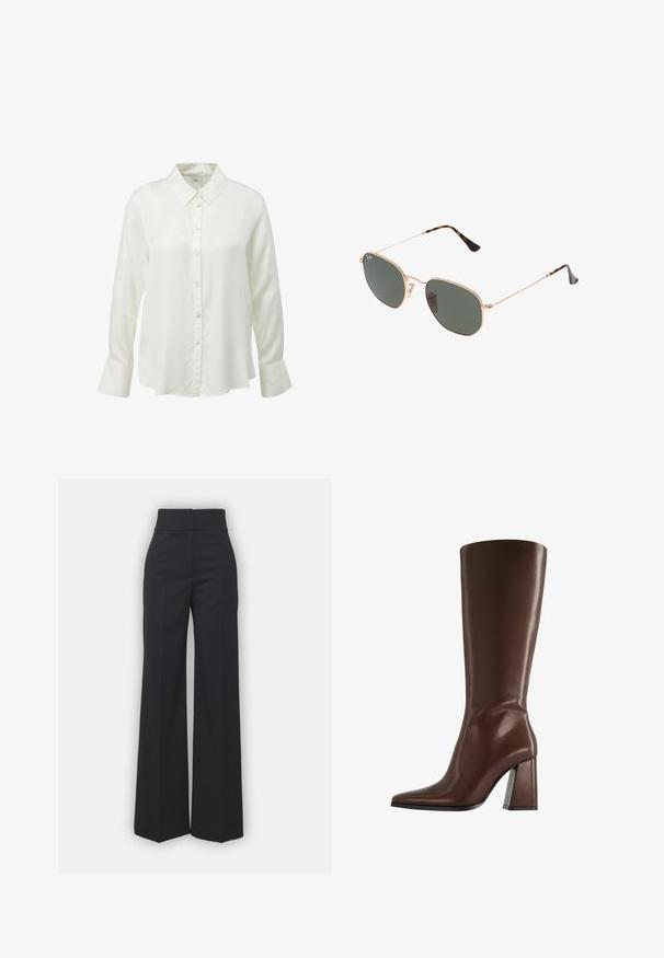 s.Oliver BLACK LABEL Button-down blouse - creme; Wide-leg trousers in black fabric with a high waistband, featuring a clean finish and smooth texture. No visible hardware or patterns.; Brown knee-high leather boot with pointed toe and chunky mid-height heel shown in side profile on white background.; Gold metal-frame sunglasses with dark green lenses, aviator style, featuring slim arms and tortoiseshell accents on the tips.; Brown suede tote bag with a wide shape and soft texture, featuring a single strap and minimal hardware against a neutral backdrop.