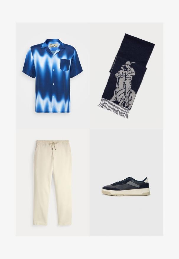 Trumpas rankovės mygtukinis marškinėliai gradientine mėlyna spalva su baltais bangomis. Turi krūtinės kišenę ir lygų, blizgantį audinį.; Oficialiai balti kasdieniniai kelnės su elastiniu juosmeniu ir raišteliu, tiesiomis kojomis ir šoninėmis kišenėmis prieš paprastą foną.; BOSS BALTIMORE - Sportbačiai - open blue; Tamsiai mėlynas šalikas su pilka grafika, vaizduojančia polo žaidėją ant žirgo, su pūkuotais kraštais.