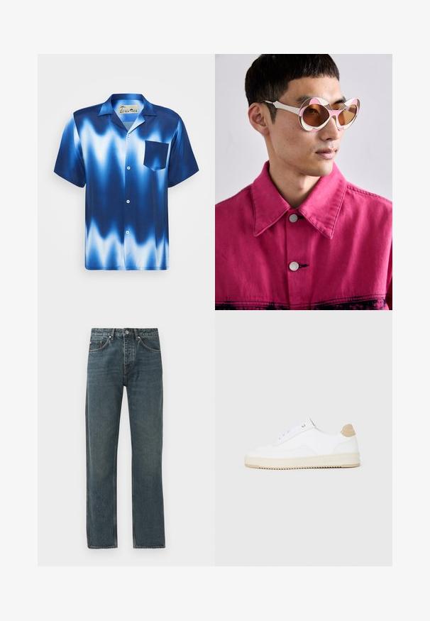 Camisa de botão de mangas curtas em azul degradê com ondas brancas. Apresenta um bolso no peito e um tecido suave e brilhante.; Calças de ganga azul-escuro com um design de perna reta, apresentando cinco bolsos, um fecho com botão e detalhes de costura em contraste.; Sapatilhas brancas de cano baixo com parte superior em couro texturizado, sola cream estriada e detalhe em tan no calcanhar. Apresenta atacadores brancos e detalhe do logótipo no calcanhar.; Óculos de sol oversized brancos e cor-de-rosa com uma armação curvada, apresentando lentes castanhas. O modelo usa uma jaqueta de ganga cor-de-rosa com colarinho.