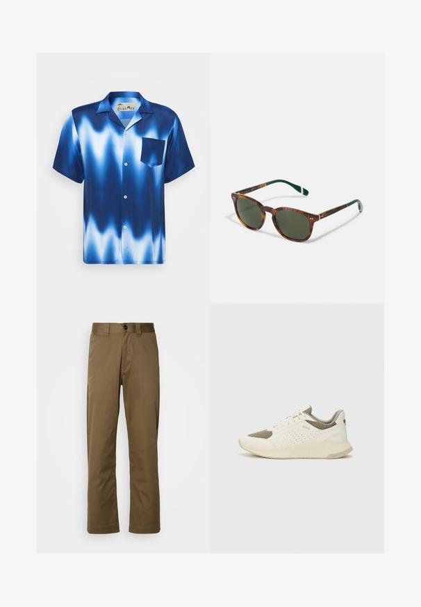 Camicia a maniche corte con bottoni in blu sfumato con onde bianche. Presenta una tasca sul petto e un tessuto liscio e lucido.; Pantaloni marroni a gamba dritta realizzati in tessuto intrecciato. Presentano una chiusura con bottone, tasche laterali e una texture liscia. Vestibilità sartoriale.; Sneaker atletica bianca e beige chiaro, con tomaia in mesh, dettagli perforati e una suola intermedia texturizzata con marchio sul tallone.; Occhiali da sole tartarugati con lenti verdi, forma rotonda, dettagli dorati e aste verde scuro con una striscia bianca.
