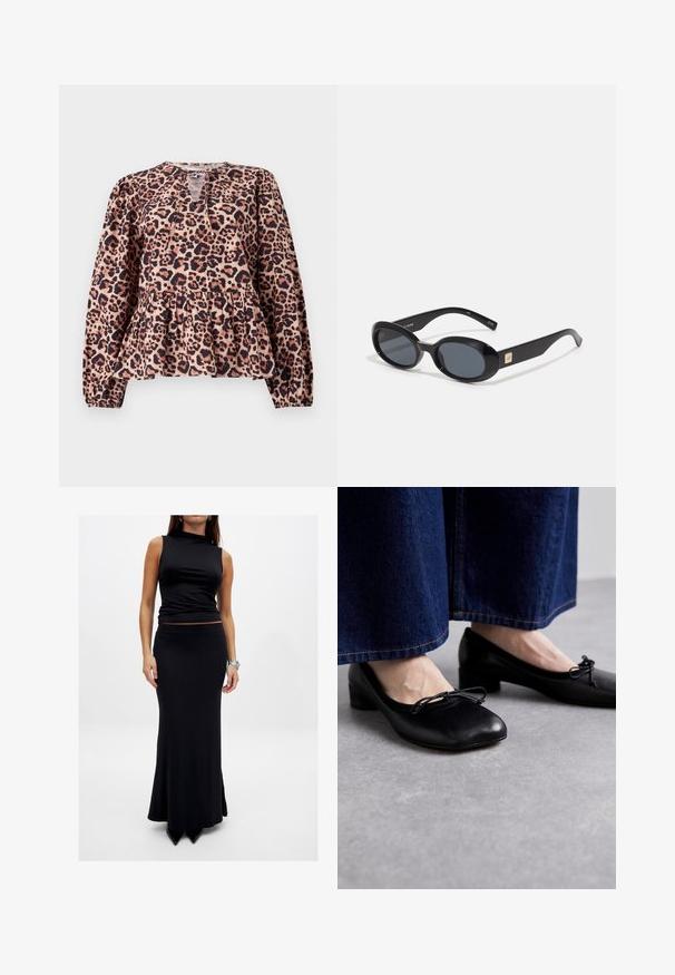 Leparda raksta pepluma topiņš ar garajām piedurknēm, apaļu kakla izgriezumu un atslēgvārda detaļu. Izgatavots no mīksta auduma ar strukturētu apdari.; Melnā bezpiedurkņu blūze ar augstu apkakli, apvienota ar pieguļošu melnu maksi svārku. Abas drēbes ir izgatavotas no gluda auduma un bez rakstiem.; Melnas ādas kurpes ar kvadrātu purngalu un mazu papēdi, papildinātas ar dekoratīvu loku priekšā. Saskaņotas ar tumšiem džinsu biksēm.; Melni ovālas saulesbrilles ar tumšiem stikliem, spīdīga plastmasas apmale, platām kājām un nelielu zelta akcentu vienā pusē.