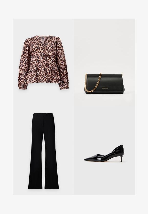 Top peplum con stampa leopardata, maniche lunghe, scollatura rotonda e dettaglio a chiave. Realizzato in tessuto morbido con una finitura testurizzata.; Pantaloni neri svasati con una texture liscia, vita sagomata e tasche frontali, progettati con un profilo elegante e moderno.; Scarpa da donna in vernice nera con punta a spillo e tacco basso, mostrata di profilo su sfondo grigio chiaro.; Clutch bag in pelle nera con tracolla in catena dorata, caratterizzato da una superficie liscia, forma rettangolare e branding in rilievo sul davanti.