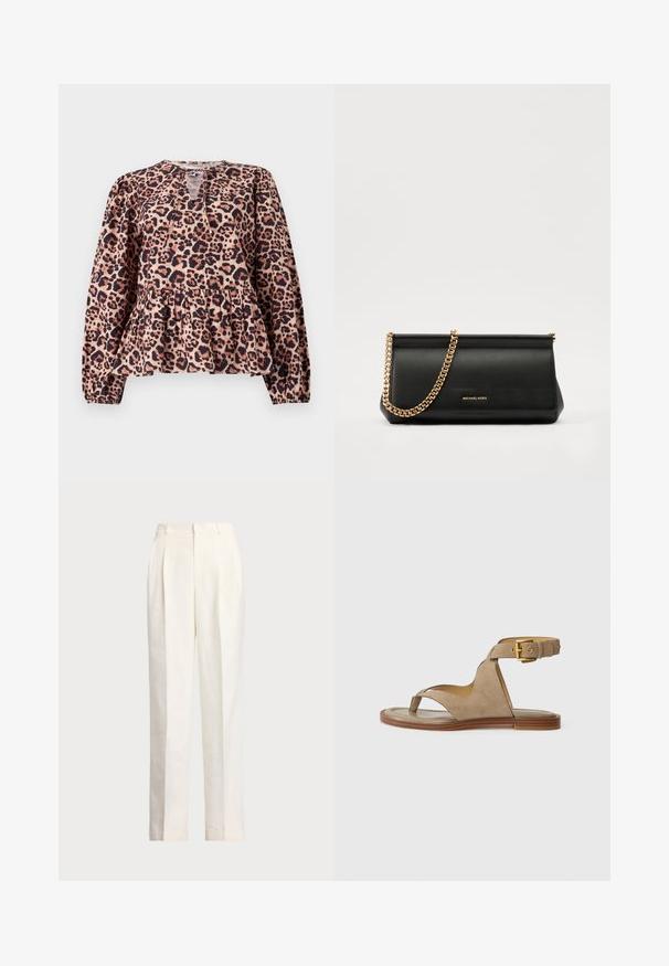 Top peplum com padrão de leopardo, mangas longas, decote redondo e detalhe em fenda. Feito de um tecido macio com um acabamento texturizado.; Polo Ralph Lauren HEMP WIDE LEG PANT - Calças - nevis; Sandália de camurça bege com laço para os dedos, laterais abertas e uma ampla tira no tornozelo com fivela dourada. Sola plana castanha com um leve destaque.; Mala de mão de couro preta com uma alça de corrente dourada, apresentando uma textura suave, forma retangular e uma marca gravada na parte da frente.