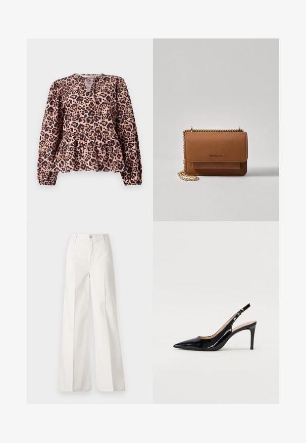 Top peplum cu imprimeu de leopard, cu mâneci lungi, decolteu rotund și detaliu tip cheie. Fabricat dintr-un material moale cu o textură plăcută.; Pantaloni albi cu picioare largi, confecționați din bumbac cu o textură fină. Prezintă un buton în față, fermoar și un design cu patru buzunare.; Pantofi slingback din piele patent neagră, cu vârful ascuțit, tocul subțire și un design discret cu decupaj. Se evidențiază printr-un cataramă aurie pe curea.; Geantă crossbody din piele texturată maro, cu curea din lanț aurit și închidere cu clapetă. Partea din față prezintă detalii cu logo și o buzunar sub clapetă.