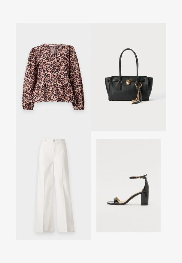 Leopárdmintás peplum felső hosszú ujjakkal, kerek nyakkivágással és kulcslyuk részlettel. Puha anyagból készült, texturált felülettel.; Fehér, bővebb nadrág, amely pamutból készült, sima textúrával. Elöl gombbal, cipzáras záródással és négy zsebes kialakítással rendelkezik.; Fekete lakkbőr szandál széles sarokkal, nyitott orral és bokapánttal, amelyen arany csat található. Sima felület és elegáns dizájn.; Fekete bőr kézitáska dupla fogantyúkkal, aranyzárral és lánc részletekkel, fekete-fehér bojt kiegészítővel, fehér háttéren.