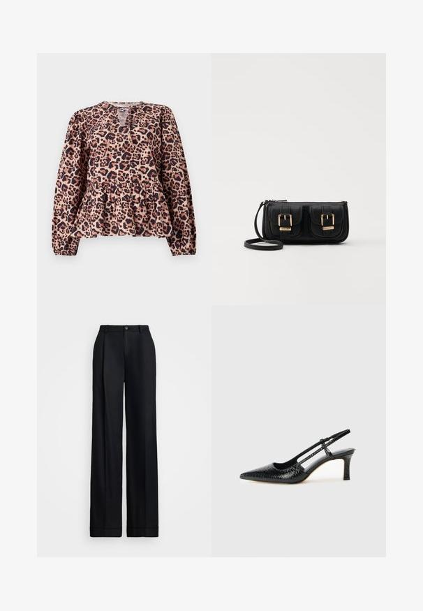 Leparda raksta pepluma topiņš ar garajām piedurknēm, apaļu kakla izgriezumu un atslēgvārda detaļu. Izgatavots no mīksta auduma ar strukturētu apdari.; Melnas platās bikses ar gludu apdari, taisnu priekšpusi, jostas cilpām un vienu pogu aizdari jostasvietā.; Melna patent āda ar slīdošo papēdi un smailo purngalu, ar teksturētu čūsku drukājumu, regulējamu siksniņu un īsu teksturētu blokpapēdi.; Melnas ādas crossbody soma ar divām priekšējām kabatām, zelta sprādzēm, ar rāvējslēdzēju aizdari un šauru siksnu. Strukturēta virsma un kompakta taisnstūra forma.