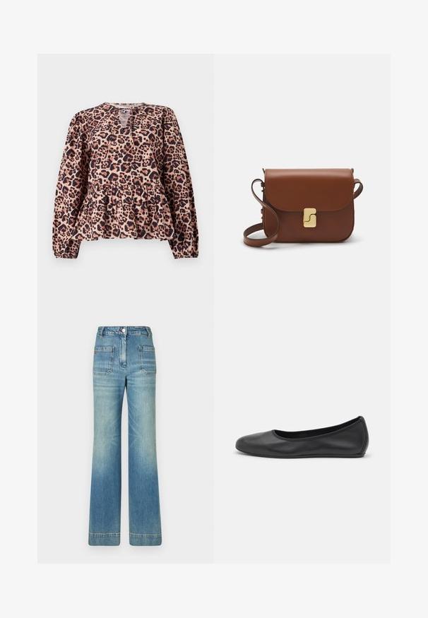 Leopardiprindiga peplum-top, millel on pikad varrukad, ümmargune kaelus ja võtmeaugu detail. Valmistatud pehmest kangast, millel on tekstureeritud pind.; Heledad sinine denimist laienevad teksad viie tasku, vöödega, nööbiga kinnitusega ja kergelt tuhmise tekstuuriga, tagaküljel punane logo detail.; Musthave mustika tantsutossud mustast nahast, ümmarguse varbaga, siledast tekstuurist, minimaalse õmblusdetailiga ja paindliku tallakujundusega.; Pruunist nahast käekott, millel on klapiga sulgur, kuldne riistvara, õlarihm ja sile tekstuur. Kompaktne ristkülikukujuline vorm.