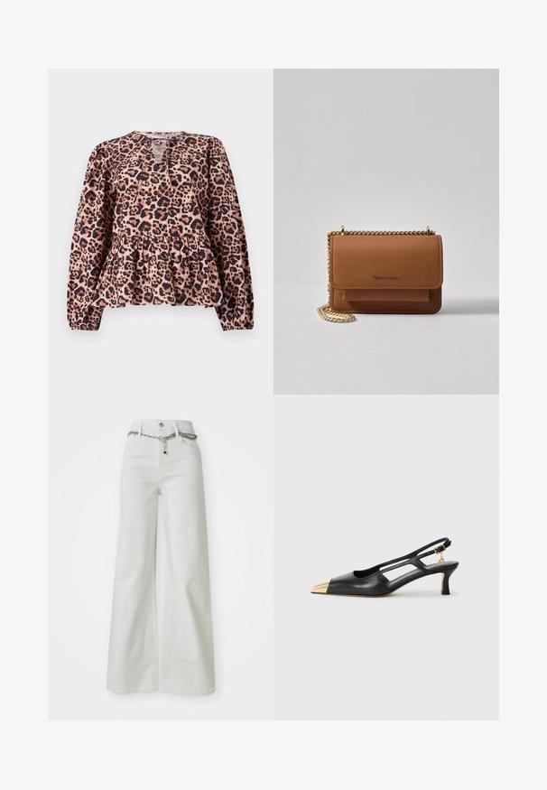 Top s peplum uzorkom leoparda sa dugim rukavima, okruglim izrezom i detaljem u obliku ključanice. Izrađen od mekanog materijala s teksturiranom završnom obradom.; Široke bijele traperice s visokim strukom, s detaljem lanca duž pojasa i klasičnim dizajnom s pet džepova.; Crne kožne sandale s otvorenom petom i šiljastim vrhom, zlatni metalni vrh. Imaju izrezbareni dizajn i vitku petu s podesivim remenom.; Smeđa kožna torba preko tijela s teksturom, zlatnim lančićem i preklopom na zatvaranju. Na prednjoj strani nalazi se detalj s potpisom i džep ispod preklopa.