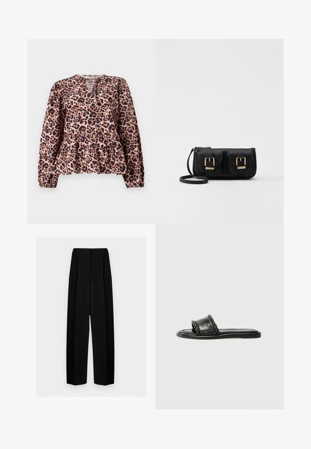 Peplum top med leopardprint, lange ærmer, rund halsudskæring og nøglehul detalje. Lavet af blødt stof med en struktureret overflade.; Sorte vide benbukser med høj talje, der har læg og en glat tekstur. Stoffet virker let og falder elegant.; Sort lædersandal med et vævet stropdetalje, flad sål og et elegant design. Glat tekstur og minimalistisk profil.; Sort læder crossbody taske med to frontlommer, guldspænder, lynlåslukning og en slank rem. Struktureret overflade og kompakt rektangulær form.