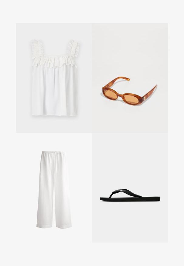 Fehér ujjatlan felső, amely fodros díszítéssel rendelkezik a vállain és a nyakán, könnyű anyagból készült, laza szabással.; Fehér vászon, bőszárú nadrág, elasztikus derékrésszel, állítható zsinórral és laza, áramló fazonnal, tiszta szegélyekkel, látható minták nélkül.; Fekete gumipapucs, textúrált pánttal és egyszerű lapos talppal, oldalnézetből, világos háttér előtt.; Barna teknősbékás napszemüveg lekerekített lencsékkel és vékony, ívelt karokkal. Világosbarna lencséi és diszkrét fém márkajelzése van az oldalán.