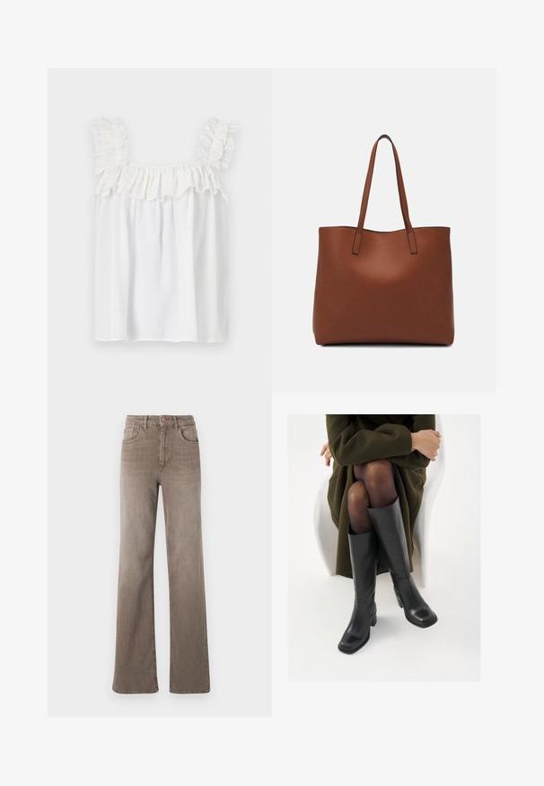 Weißes ärmelloses Oberteil mit Rüschendetails an den Schultern und dem Ausschnitt, aus leichtem Stoff mit lockerer Passform.; Braune hoch taillierte Straight-Leg-Jeans mit vorderem Knopf, Gürtelschlaufen und klassischem Fünf-Taschen-Design auf weißem Hintergrund.; Knöchelhöhe schwarze Lederstiefel mit quadrater Spitze und Blockabsatz, gezeigt mit einem Modell, das einen olivgrünen Mantel trägt. Glatte Textur, minimale Details.; Braune Leder-Tote mit glatter Textur, offenem Oberteil und zwei Schulterriemen. Verfügt über minimale Nähte und keine sichtbaren Beschläge.