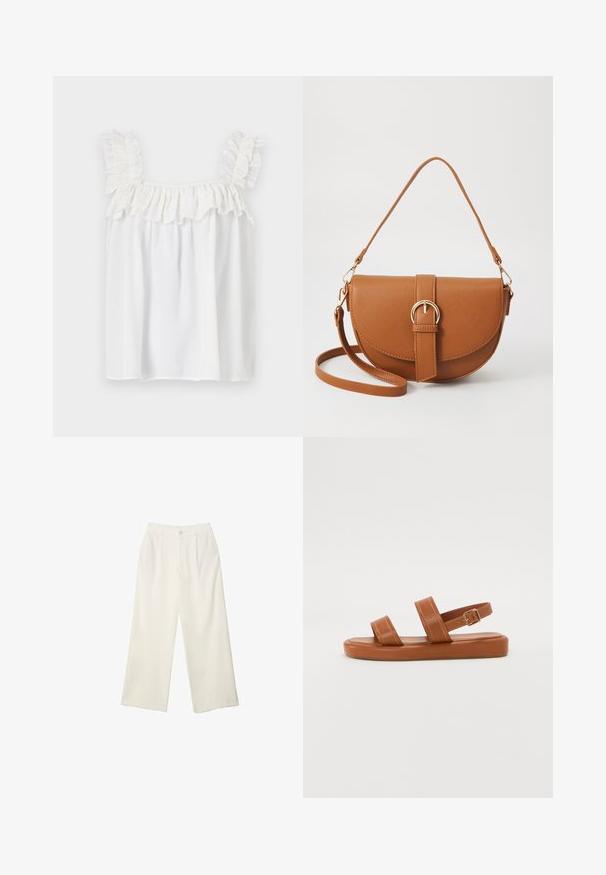 Bijela bezrukavna majica s naboranim detaljima na ramenima i dekolteu, napravljena od lagane tkanine s opuštenim krojem.; Hlače širokih nogavica od kremaste tkanine s glatkom teksturom, s jednim prednjim gumbom, suptilnim plitvicama i visokim strukom.; Smeđe kožne sandale s dva široka remena i stražnjim remenom, s ravnim potplatom, suptilnim detaljem šivanja i metalnim kopčanjem.; Smeđa kožna torba preko tijela s zakrivljenim oblikom, zlatnim metalnim detaljima i naglaskom na kopču. Ima odvojivu naramenicu.