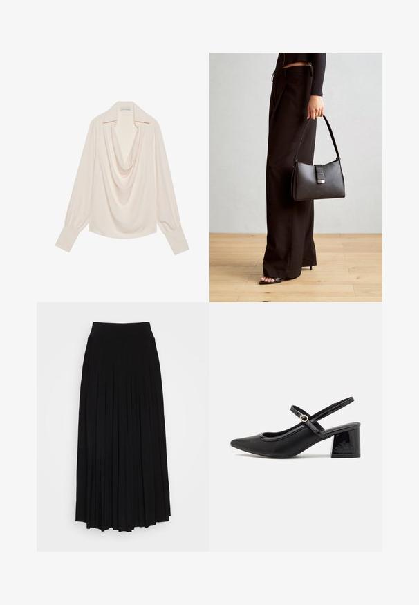 Bluzica z dolgimi rokavi s cowl ovratnikom v svetlo kremni tkanini, z sproščenim krojem, zavihanimi manšetami in brezšivnim drapežem ob vratu.; Črna plisirana krila z visokim, raztegljivim pasom. Narejeno iz mehke tkanine, z navpičnimi plisami za lahkotno silhueto.; Črne patentne usnjene salonarce s slingback obliko, s koničastim nosom, zaobljenim izrezom in blok peto. Imajo zlato kovinsko zaponko kot dodatno okrasje.; Črna torbica z strukturirano obliko, gladko teksturo in kovinskim zaponko. Ujemajo se z širokimi črnimi hlačami in odprtimi sandali na lesenem tleh.