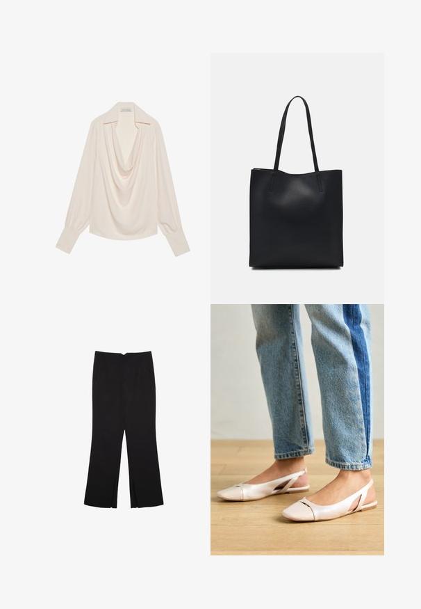 Blusa a maniche lunghe con collo a cappuccio in tessuto crema chiaro, caratterizzata da una vestibilità morbida, polsini arrotolati e drappeggio senza cuciture sullo scollo.; Pantaloni neri a gamba dritta, con tasche frontali e spacchi laterali all'orlo. Realizzati in tessuto morbido e liscio. Adatti a diverse occasioni.; Ballerine slingback rosa pallido con punta affusolata, realizzate in un materiale simile alla pelle liscio. Presentano dettagli a taglio sui lati e un tacco piatto.; Borsa tote in pelle nera con texture liscia, forma rettangolare e due manici lunghi. Nessun hardware o decorazione visibile.
