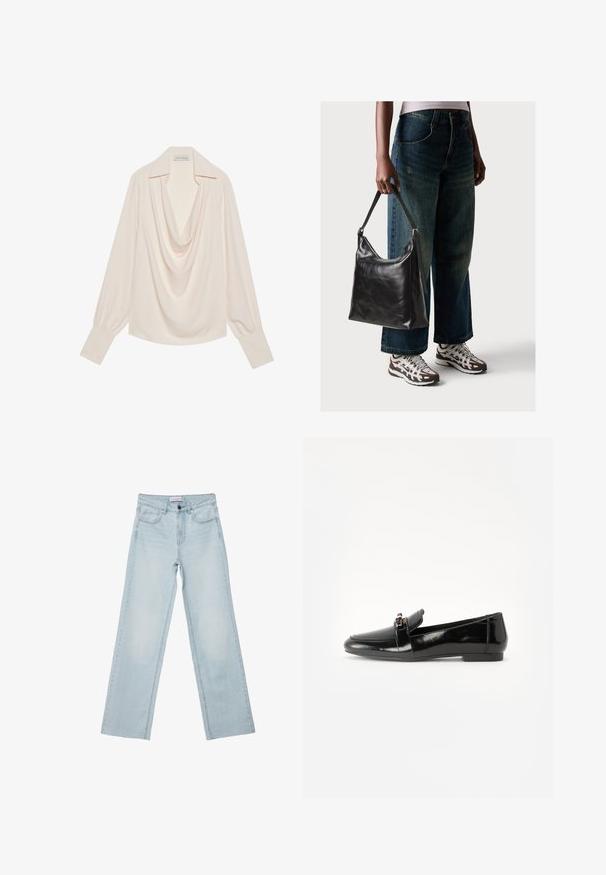 Blusa a maniche lunghe con collo a cappuccio in tessuto crema chiaro, caratterizzata da una vestibilità morbida, polsini arrotolati e drappeggio senza cuciture sullo scollo.; Jeans a gamba larga di colore blu chiaro realizzati in denim. Presentano cinque tasche, un bottone sul davanti e dettagli sbiaditi. Taglio dritto classico con vestibilità ampia.; Mocassino in pelle verniciata nera con suola piatta, punta arrotondata e una fascia decorativa con accento in tonalità oro. Finitura liscia e lucida.; Borsa a tracolla nera in pelle con una texture liscia e tracolla regolabile, abbinata a jeans ampi sbiaditi e sneakers sportive.