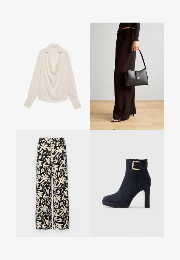 Blusa de mangas longas com gola drapeada em tecido creme claro, apresentando um corte relaxado, punhos dobrados e caimento sem emendas na gola.; Calças largas pretas com um padrão floral creme. Feitas de um tecido leve, apresentando uma textura suave e uma cintura alta.; Botim de tornozelo alto em camurça preta com uma faixa de fivela dourada e salto robusto, sobre um fundo branco liso.; Bolsa preta com forma estruturada, textura suave e um fecho metálico. Combinada com calças largas pretas e sandálias de salto aberto sobre um chão de madeira.