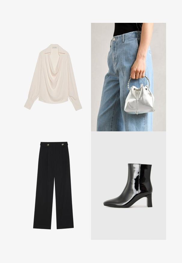 Langermet bluse med cowl-hals i lys kremfarge, med en avslappet passform, rullede mansjetter og sømløs drapering i halsen.; Svart vide bukser med høy midje, knappdetaljer på midjebåndet og frontplisser.; Sorte patentlær ankle boot med spiss tå og en mellomhøy blokkhelt. Glatt tekstur og minimalistisk design.; Sølvfarget metallic bøtteveske med tekstur, dekorert med et rundt sølvhåndtak og snøring, holdt mot lyseblå jeans.