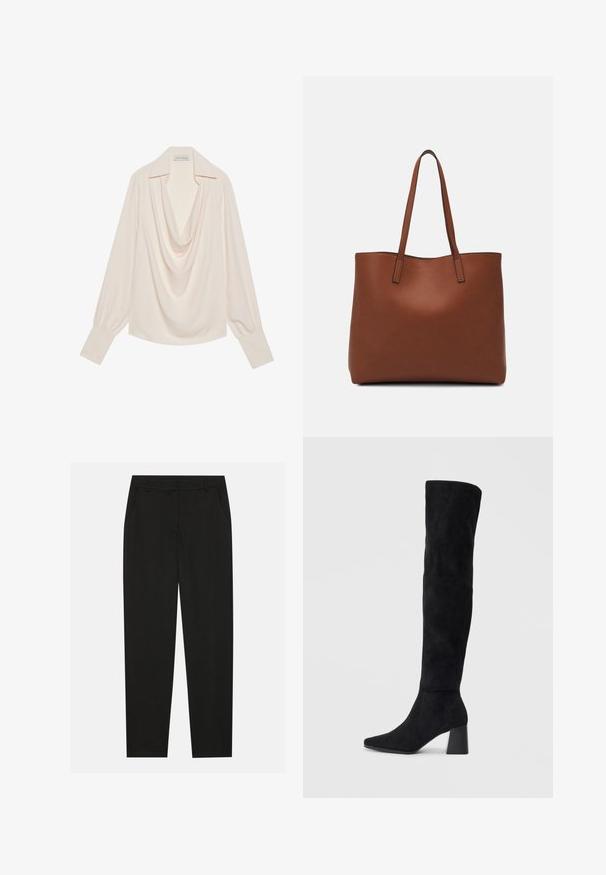 Šviesiai kreminės spalvos ilgomis rankovėmis bluzonas su kaklo apykakle, pasižymintis laisvu pritaikymu, sukama apykaklėmis ir be siūlių drapiruotėmis kaklo srityje.; Juodos kelnes su pritaikytu dizainu, turinčios šonines kišenes ir tiesią koją. Pagamintos iš lygaus, lengvo audinio su blizgiu paviršiumi.; Juoda zomšinė kelio ilgio batai su blokuotu kulnu, smailiu nosiu ir lygiu, be siūlių dizainu ant paprastos šviesios fono.; Ruda odinė priekabų krepšys su glotnia tekstūra, atviru viršumi ir dviem petnešomis. Su minimalia siuvimo detalėmis ir nematoma aparatūra.