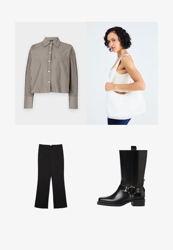 Dugotrajna kratka košulja smeđe i bijele boje s okomitim prugama, prednjim zakopčavanjem na gumbe, oštrim ovratnikom, džepom na prsima i širokim manžetnama.; Crne hlače ravnog kroja, s prednjim džepovima i bočnim prorezima na rubu. Izrađene od mekog i glatkog materijala. Pogodne za razne prigode.; Crne kožne čizmice do koljena s šiljastim prstima, sličnim srebrnim kopčama i debelim potplatima. Imaju rupicu za lakše oblačenje.; Bijela torba preko ramena izrađena od glatkog materijala, sa ovalnim izrezom i širokim remenom. Jednostavna i moderna, bez vidljivih metalnih dijelova.