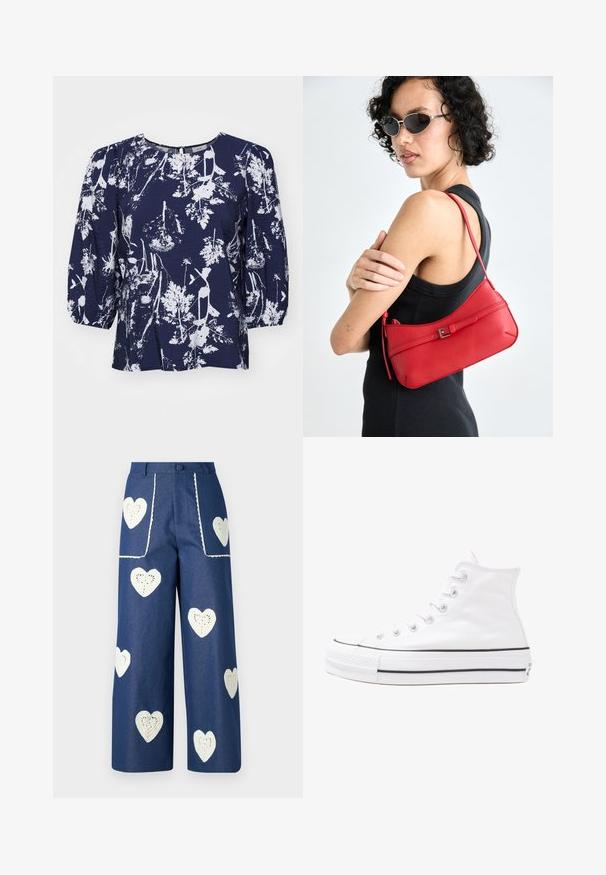 Blusa blu navy con stampa botanica bianca, scollatura tonda e maniche a sbuffo. Tessuto testurizzato con una vestibilità morbida e un leggero lucido.; Sister Jane HEART TO HEART - Jeans a sigaretta - blue denim; Sneaker alta in tela bianca con suola in gomma nera, punta in gomma frontale e sei asole per i lacci, caratterizzata da un design pulito e minimalista.; Borsa a spalla rossa in pelle con una texture liscia, design curvo e un elegante dettaglio a fibbia. Tracolla regolabile e chiusura con zip.