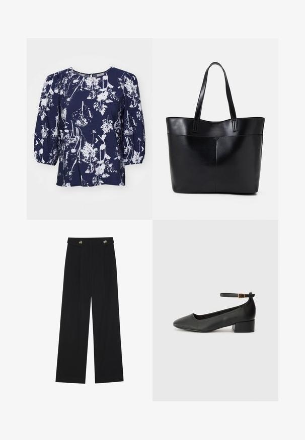 Navy blue blouse featuring white botanical print, round neck, and puffed sleeves. Textured fabric with a loose fit and subtle sheen.; Black wide-leg trousers with high waist, button details on waistband, and front pleats.; Black leather pump with a pointed toe and a low block heel. Features an ankle strap with a gold-tone buckle. Smooth texture.; Black leather tote bag with two long handles, a smooth texture, and a structured shape. Features a front pocket for additional storage.