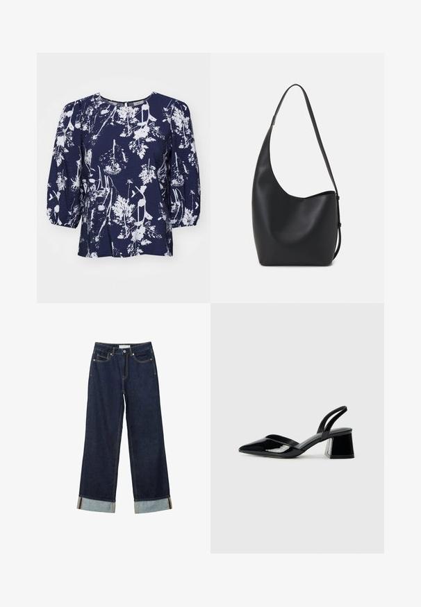 Tmavě modrá blůza s bílým botanickým potiskem, kulatým výstřihem a nabíranými rukávy. Texturovaná látka s volným střihem a jemným leskem.; Tmavě modré kalhoty s širokými nohavicemi a vysokým pasem, s ohrnutými manžetami, kontrastním prošíváním a pěti kapsami. Vyrobené z denimové tkaniny.; Černé lakované kožené lodičky na pásku s špičatou špičkou a geometrickým blokovým podpatkem. Vyznačují se elegantním, minimalistickým designem a hladkým povrchem.; Černá kožená hobo taška s hladkým povrchem, zakřiveným tvarem a jedním nastavitelným popruhem; má široké otevírání nahoře.