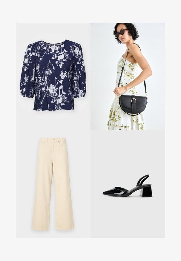 Blusa azul marino con estampado botánico blanco, cuello redondo y mangas abullonadas. Tejido texturizado con un ajuste holgado y un sutil brillo.; Jeans de pierna ancha beige fabricados en algodón. Cuentan con un cierre de botón, presillas para cinturón y bolsillos frontales con una textura suave y lisa.; Zapatos de tacón slingback de charol negro con punta afilada y tacón geométrico en bloque. Presentan un diseño elegante y minimalista, así como una textura suave.; Bolso de piel negra con forma curva, correa desmontable y herrajes dorados. El bolso cuenta con una solapa con un detalle de hebilla.