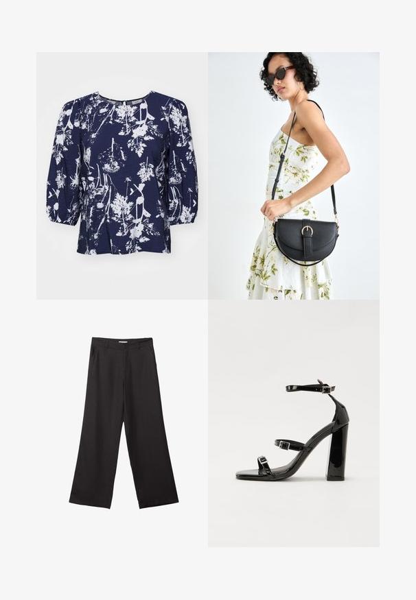 Navyblaues Bluse mit weißem botanischen Druck, rundem Hals und Puffärmeln. Texturiertes Gewebe mit lockerer Passform und subtiler Sheen.; Schwarze weite Hosen aus glattem Stoff, mit einem Reißverschluss vorne und zwei seitlichen Taschen, maßgeschneiderter Passform und minimalistischem Design.; Schwarze patentierte Sandalen mit Absatz, quadratischer Spitze, Knöchelriemen und silbernen Schnallen. Mit einem stabilen Blockabsatz für mehr Stabilität.; Schwarze Lederhandtasche mit geschwungener Form, abnehmbarem Tragegurt und goldenen Beschlägen. Die Tasche verfügt über einen Deckel mit einer Schnallen-Details.