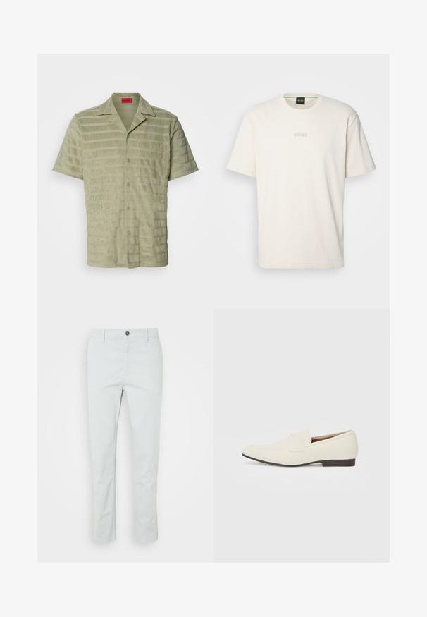 Košeľa s krátkym rukávom v svetlozelenkej farbe, textúrovaná tkanina s striedavými horizontálnymi pruhmi, zapínanie na gombíky a náprsné vrecko s detailom loga.; BOSS TEE - Základné tričko - open white; Svetlozelené bavlnené nohavice so rovnim strihom, so zapínaním na prednom gombíku a bočnými vreckami. Hladká textura, bez viditeľných vzorov.; Svetlé béžové mokasíny s špicatou špičkou, hladkým materiálom, pásikom cez vamp a nízkou hnedou podrážkou. Jednoduchý dizajn s minimálnymi akcentmi.