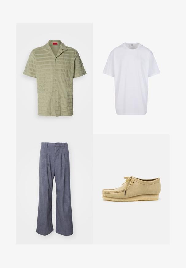 Koszula z krótkim rękawem w jasnym zielonym kolorze, z fakturowanej tkaniny, z naprzemiennymi poziomymi paskami, z zapięciem na guziki oraz z kieszenią na piersi z detalem logo.; Biała bawełniana koszulka z krótkimi rękawami, okrągłym dekoltem, luźnym krojem i bez widocznych logo lub wzorów. Gładka tekstura i minimalistyczny design.; Szare spodnie w prążki o szerokim kroju, z zakładkami z przodu i gładką fakturą. Brak widocznych elementów metalowych lub akcentów.; Beżowe zamszowe buty z sznurowaniem, przeszyciami i gumową podeszwą. Kształt jest casualowy z lekkim obcasem na poziomie.