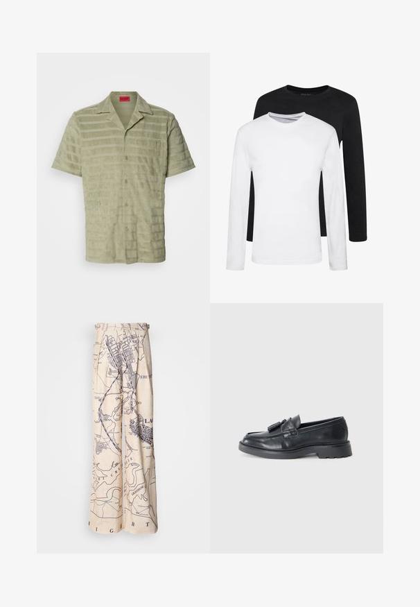 Majica kratkih rukava u svijetlozelenoj boji, od teksturirane tkanine s izmjeničnim horizontalnim prugama, sa zatvaranjem na dugmad i džepom na prsima s logotipom.; Dva majice dugih rukava, jedna crna i jedna bijela, izrađene od pamuka s okruglim izrezom i glatkom teksturom, prikazane u složenom aranžmanu.; Hlače širokih nogavica s printom karte u tamnoplavoj boji na bež pozadini, s naborima u struku i opuštenim krojem.; Crne kožne loferice s okruglim vrhom, trakicom s resicama i masivnim potplatom s uzorkom. Glatka tekstura i klasični dizajn.