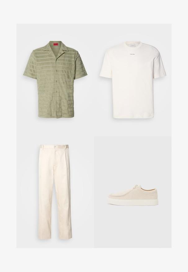 Kortermet skjorte i lys grønn, teksturert stoff med vekslende horisontale striper, knappeåpning og en brystlomme med logodetalj.; Hvit bomulls T-skjorte med rund hals, korte ermer og brodert "Calvin Klein" logo i midten av brystet. Enkel design.; Beige bomullsbukser med rett benfatt, med knappelukking og folder foran for ekstra detaljer.; Lys beige semsket sneakers med avrundet tå, minimal søm og hvit gummisåle. Har en enkel snøring og et merkeinnslag.