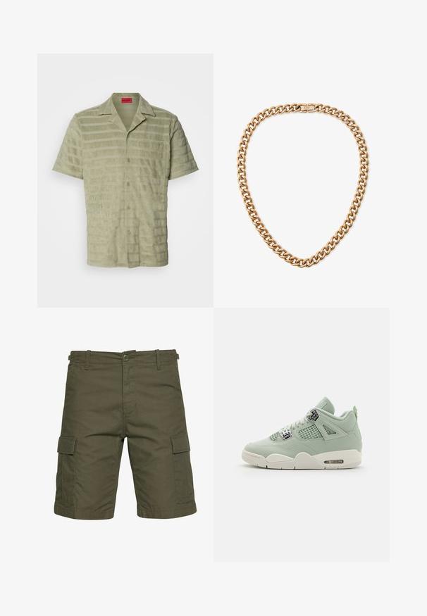 Kortærmet skjorte i lysegrøn, struktureret stof med skiftende vandrette striber, knaplukning og en brystlomme med logodetalje.; Oliven grønne cargo shorts lavet af letvægtsstof, med to sidelommer med klapper, bæltestropper og en knaplukning.; Lys grøn sneaker med overdel i læder, mesh-paneler, hvid sål og markante detaljer. Har snørebånd og luftdæmpning i hælen.; Guld-tonet metal kædedesign med store, sammenlåsende led og en sikker lås. Glat, skinnende overflade med en poleret finish.
