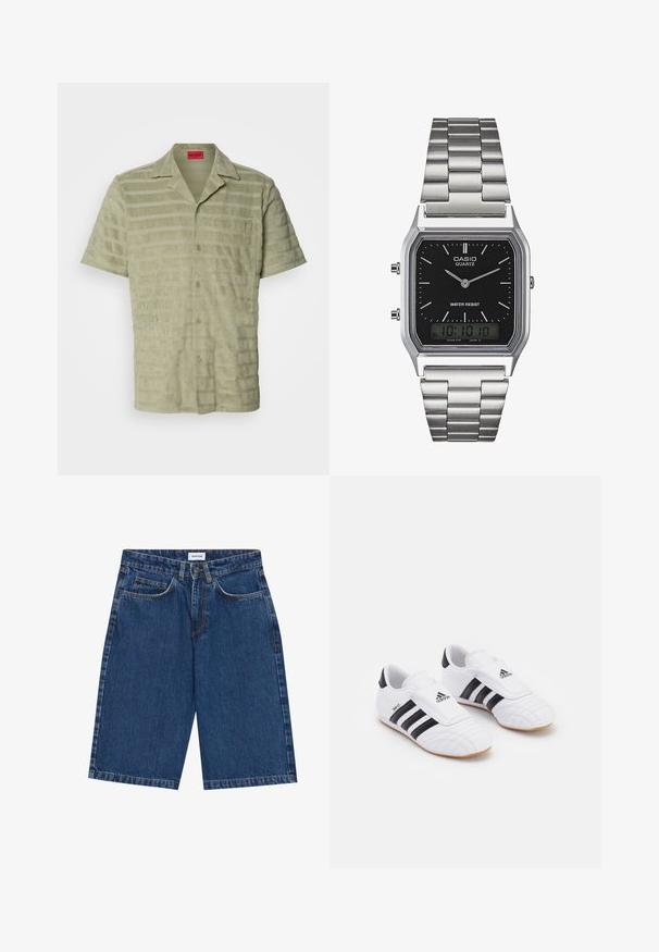 Camicia a maniche corte di colore verde chiaro, in tessuto strutturato con righe orizzontali alternate, chiusura con bottoni e una tasca sul petto con dettaglio del logo.; Pantaloni corti in denim blu scuro, caratterizzati da un design a cinque tasche, taglio dritto e cuciture a vista. Tessuto liscio e vita media.; Scarpe sportive bianche con strisce nere, dotate di una texture simile alla suede, punta arrotondata e una fascia in velcro. Suola in gomma per una migliore aderenza.; Orologio in acciaio inox argento con quadrante rettangolare nero, dotato di lancette analogiche, display digitale e etichetta di resistenza all'acqua.