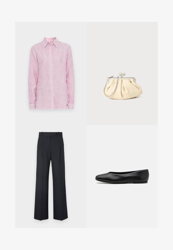 Camicia a maniche lunghe in lino a righe rosa e bianche, con colletto classico, chiusura con bottoni e maniche con polsini adornati da dettagli a righe.; Pantaloni a righe blu scuro con vita alta, design a gamba larga e senza hardware o decorazioni visibili. Tessuto liscio e vestibilità sartoriale.; Paul Smith TOPANGA - Ballerine - black; Clutch in pelle beige plissettata con una struttura in metallo argento, dotata di due chiusure decorative rotonde e una tracolla in catena argentata.