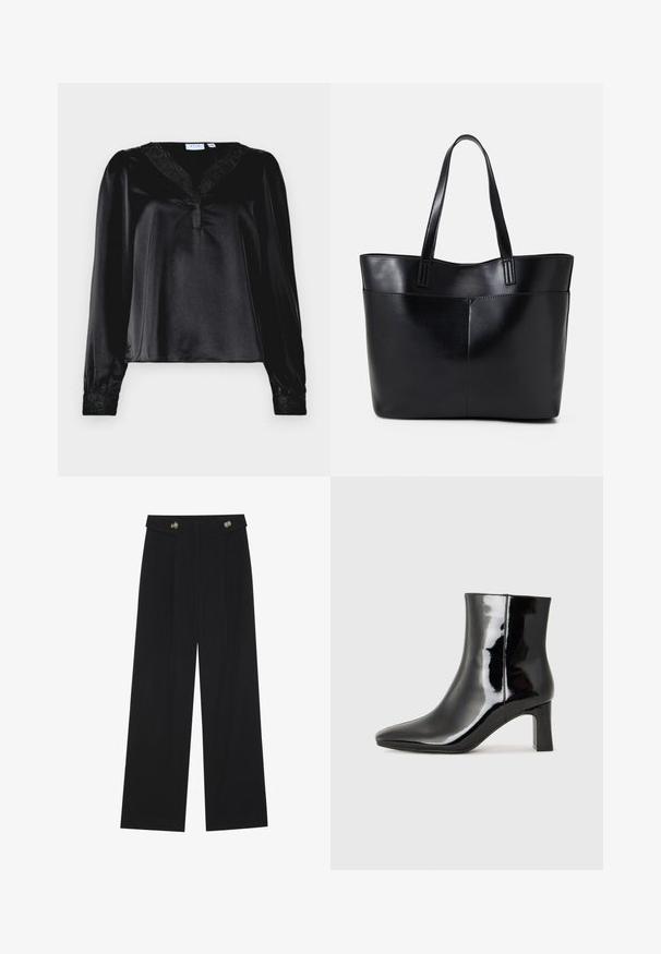 Svart satengbluse med lange ermer, blondekant ved halsen og broderte detaljer på mansjettene. Glatt tekstur, strukturert passform.; Svart vide bukser med høy midje, knappdetaljer på midjebåndet og frontplisser.; Sorte patentlær ankle boot med spiss tå og en mellomhøy blokkhelt. Glatt tekstur og minimalistisk design.; Svart lær toteveske med to lange håndtak, en glatt tekstur og en strukturert form. Har en frontlomme for ekstra oppbevaring.