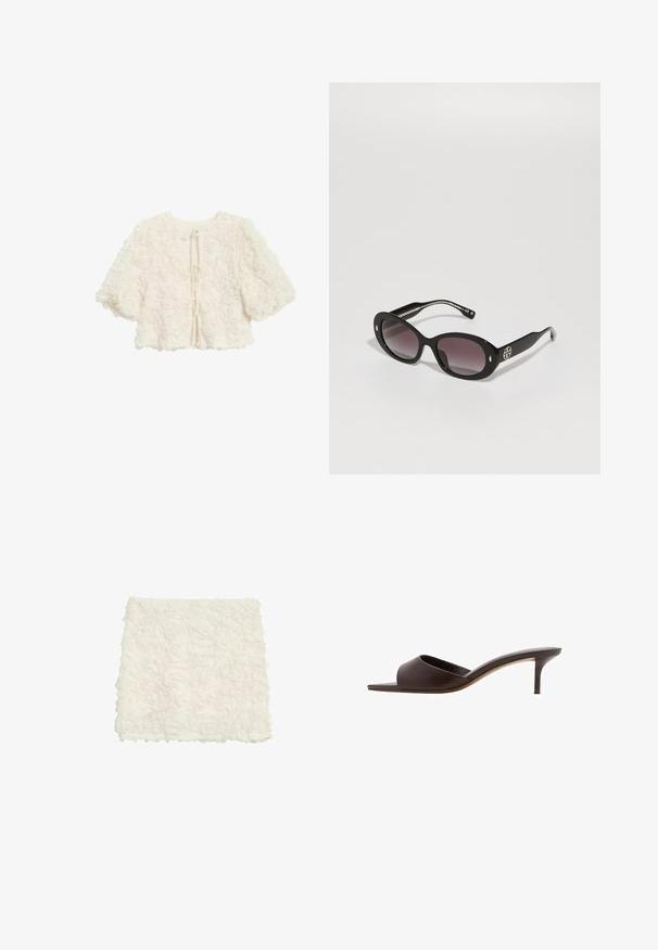 Hvid, blomsterstruktureret cropped jakke med puffede ærmer, der har en rund halsudskæring og en snørelukning bagpå. Blød og tredimensionel design.; Hvid dekorativ pude med et tekstureret design, der har hævede stofroser og et blødt, fluffy udseende.; Brune slide sandaler med et blødt, glat overmateriale, åben tå og en slank, høj hæl. Har et minimalistisk design og en slank silhuet.; Sorte solbriller med gradient mørke linser, oval form, blank finish, med et fremtrædende logo på siden og sølvdetaljer.; Vævet brun læderhåndtaske med et afrundet topgreb og en åben silhuet, der har en struktureret overflade og et elegant, minimalistisk design.