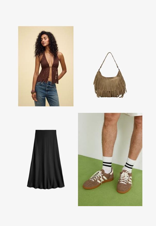 Hnedý halterneck top s flitrami a hlbokým výstrihom do V z priesvitnej látky, s okrajom v tvare vlny. V kombinácii s vysokými modrými džínsami.; Čierna, saténová sukňa áčkového strihu s hladkou textúrou, dĺžka po kolená, s jednoduchým, čistým dizajnom bez ozdôb alebo vzorov.; Hnedé zamatové tenisky s bielymi akcentmi a šnúrkami. Gumová podrážka. Nosené s bielymi ponožkami so čiernymi pruhmi. Zelená textúrovaná podlaha.; Hnedá zamková kabelka s dlhými strapcami, zakriveným tvarom a jedným ramenným popruhom. Má hladký, textúrovaný povrch.