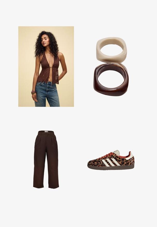 Brown sequined halter top with a deep V-neck and sheer fabric, featuring a scalloped hem. Paired with high-waisted blue jeans.; High-waisted, dark brown wide-leg trousers with belt loops and front pleats, displayed against a white background.; Leopard print sneakers with suede material, red laces, and three white stripes on the side. Features a cream-colored tongue and brown sole.; Stradivarius SET - Bracelet - dark brown