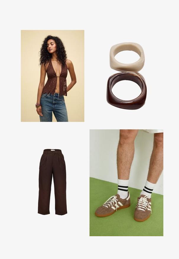 Brun glitrende halterneck-top med en dyb V-udskæring og gennemsigtig stof, der har en bølget kant. Bæres med højalvede blå jeans.; Højtsiddende, mørkebrune bredbenede bukser med bæltestropper og frontfolder, præsenteret mod en hvid baggrund.; Brune ruskind sneakers med hvide detaljer og snørebånd. Gummisål i naturgummi. Båret med hvide sokker med sorte striber. Grøn struktureret gulv.; Stradivarius SET - Armbånd - dark brown