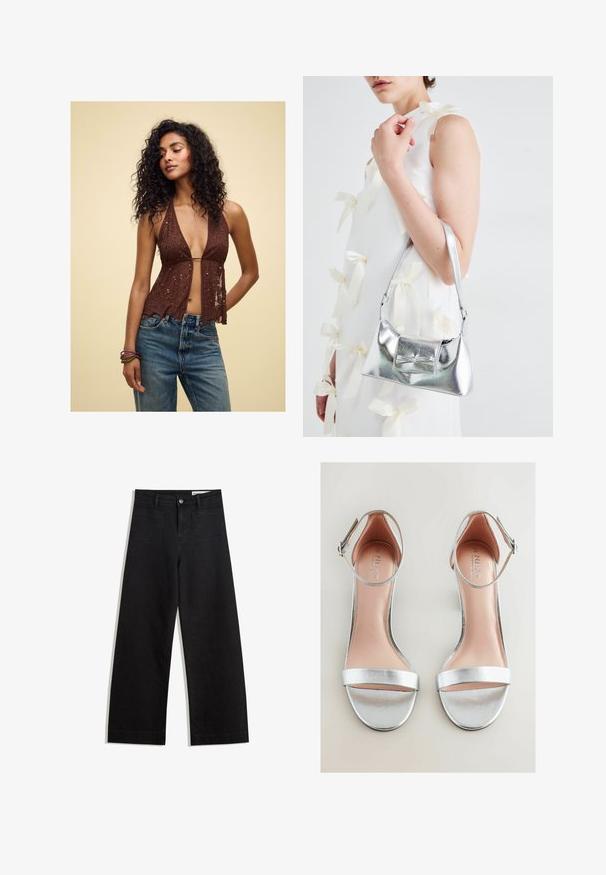 Rjava bleščičasta halter majica z globokim V-izrezom in prosojno tkanino, z rebrastim robom. Vse skupaj je kombinirano z visokim pasom modrim džinsom.; Črne široke denim hlače z visokim pasom, ki imajo sprednje in zadnje žepe, šivane šive ter gumbasto zapiranje. Gladka tekstura.; Srebrne sandale na visoki peti z gladko kovinsko površino, odprti prst, trak okoli gležnja in ravno, strukturirano podplato. Podplat podobno blazini v svetli bež barvi.; Srebrna metalna torbica z oblikovano strukturo, ki ima zgornji ročaj in detajl v obliki mašne spredaj. Gladka tekstura, z odsevnimi površinami.