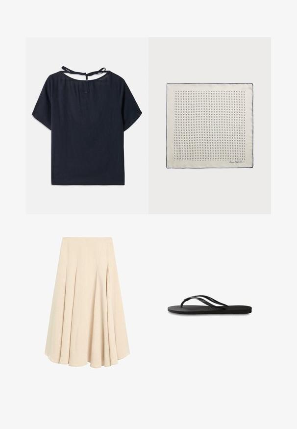 Donkerblauw linnen top met een brede halslijn, korte mouwen en een strik aan de achterkant. Bevat subtiele borduursels nabij de halslijn.; Beige midi-lange A-lijn rok met plooien, gemaakt van lichtgewicht stof, met een soepele tailleband en een uitlopende zoom.; Zwarte flip-flop met een gestructureerde rubberen zool, twee slanke banden en een subtiele, ingedrukte logo-detail op de band.; Zijden sjaal in crème met een marineblauwe rand, voorzien van gelijkmatig verdeeld marineblauwe stippen die een patroon vormen. Handtekening gedrukt in de hoek.