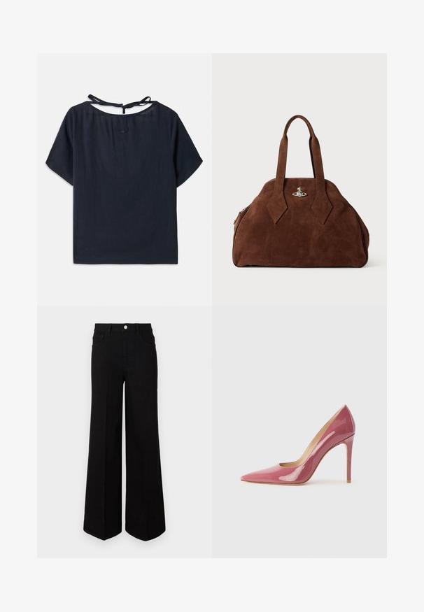 Sötétkék vászonszövet felső, széles nyakkivágással, rövid ujjal és hátsó megkötővel. Finom hímzés található a nyakkivágás közelében.; Fekete, bő szárú farmernadrág, strapabíró anyagból készült, magas derékkal, elülső zsebekkel és elöl gombos záródással. Lapos szegély az alján.; Rózsaszín, lakkbőr, magassarkú pumpa hegyes orral és elegáns szilhuettel, bemetszéssel és tűsarkú talppal.; Barna velúr kézi táska, strukturált formával, kerek testtel és megnyújtott gyémánt alakú fogantyúkkal. Ezüst színű záródással rendelkezik.