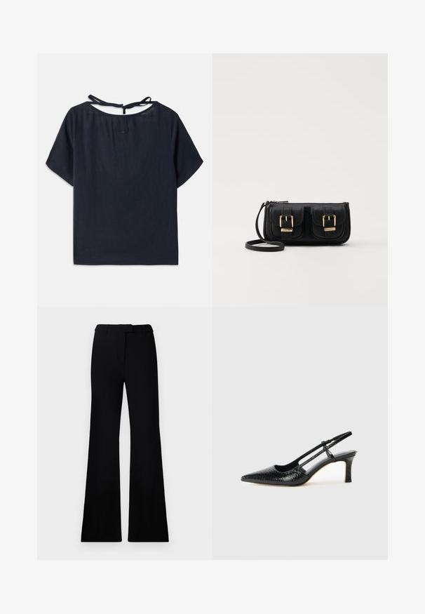 Mørkeblå linbluse med vid halsringning, korte ærmer og bånd bagpå. Har diskret broderi nær halsen.; Sorte vide bukser med jevn tekstur, skreddersydd linning og frontlommer, designet med en slank, moderne silhuett.; Sorte patent slingback hæl med spids tå, featuring tekstureret slangeskind, justerbar rem og en kort, tekstureret blokhæl.; Svart skinn crossbody veske med to frontlommer, gyldne spenner, glidelåslukking og en slank stropp. Teksturert overflate og kompakt rektangulær form.