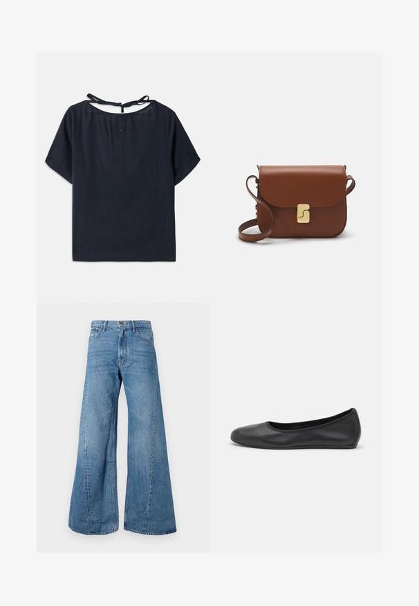 Top de lino azul oscuro con un escote amplio, mangas cortas y un lazo en la parte posterior. Presenta bordados sutiles cerca del escote.; Pantalones vaqueros de mezclilla azul de pierna ancha con una cintura alta, que cuentan con un diseño clásico de cinco bolsillos y un ligero desvanecimiento para dar textura.; Bailarina de piel negra con punta redondeada, textura suave, detalle de costura minimalista y diseño de suela flexible.; Bolso de mano de cuero marrón con cierre de solapa, herrajes en tono dorado, correa para el hombro y una textura suave. Forma rectangular compacta.